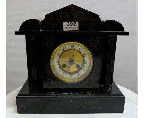 Edwardian Black Slate Mantle Clock with doric columns, white and brass inlaid dial, stamped “Dillon Galway”, 12” x 12”h