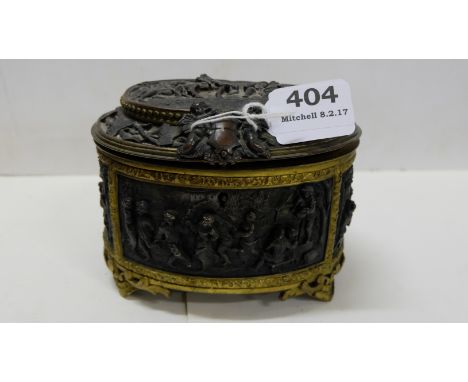 19thC French Spelter oval-shaped Caddy, with brass mounts and hinged lid, decorated in relief with tavern and country scenes,
