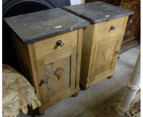 Matching Pair of antique stripped pine bedside cabinets, each with a drawer and a cabinet with shelf, green marble tops, on t