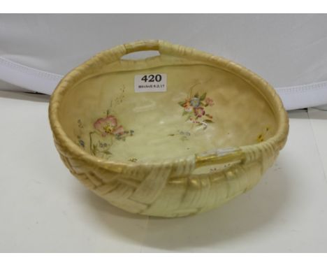 Royal Worcester England Basket Weave Fruit Bowl with internal floral patterns, carrying handles, 9”d x 8”