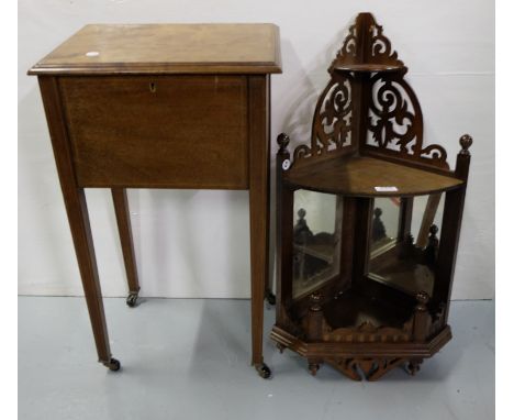 Walnut Corner Shelf with mirror back and an Edw. Inlaid Mahogany Sewing Box with (damaged) hinged lid, on tapered legs, fitte