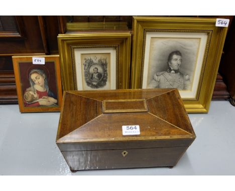 Georgian Mahogany Tea Caddy with two hinged compartments and a mixing bowl (for repair) & 3 framed lithographs – Napoleon & M