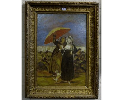 Late 19thC Impressionist Oil on Canvas, Portrait of two Lady’s wearing capes, having a red parasol and a white dog, in a moul