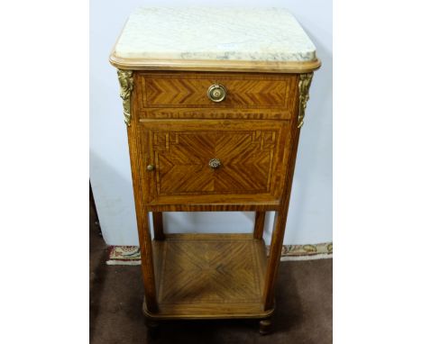 French Kingwood Bedside Cabinet, inlaid with satinwood, with brass mounts, the green and white marble top over a single drawe