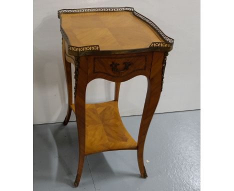 French Kingwood Lamp Table, with frieze drawer, brass gallery and brass mounts, on sabre legs, stretcher shelf, 20.5” 15.”d