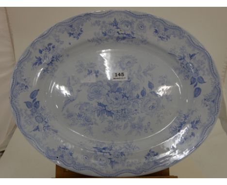 Victorian Blue and White Porcelain Meat Plate, floral detail, 21”w & Framed Print of Victorian Lady (2)