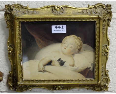 Victorian Watercolour – portrait of a sleeping baby holding a grey kitten, in a moulded gilt frame, 11” x 9.5”