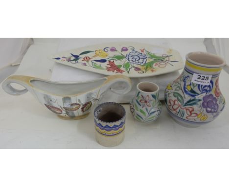 5 pieces of Poole pottery ware incl. two vases, sauce boat, plate and pot