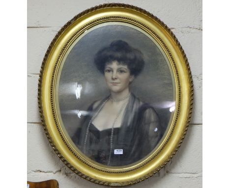 Victorian Pastel on Canvas - Portrait of a Lady wearing a pearl necklace, in oval moulded gilded frame, 28”w x 33”h 