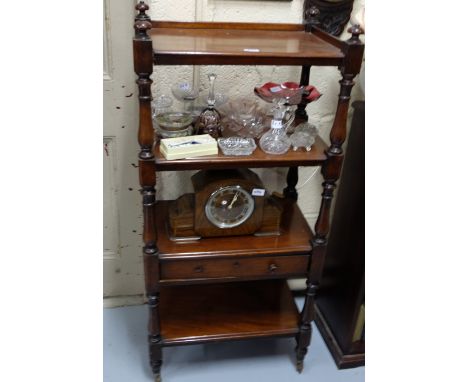 Victorian Mahogany 4-Tier Whatnot, with lower drawer, turned shelf supports, on castors, 2ftw x 51”h