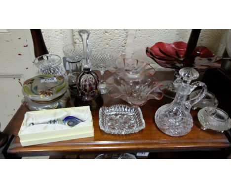 Shelf of various glass items incl - pair champagne glasses, table bell, pair condiments, art nouveau trinket box, pin dish, I