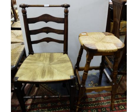 Elm Country Chair, ladder back with rush seat & a pine bar stool with rush seat, round legs (2) 