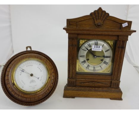 Walnut Cased Mantle Clock 14”h & aneroid Barometer signed Negretti & Zambra London (2)