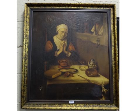 19th C Oil on Canvas – Portrait of a Dutch Woman “Prayer Before Supper”, in a later gold veined frame, 30”w x 35”h