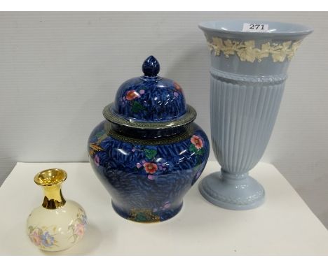 Losol Ware bulbous Vase with Lid, Wedgewood Vase and a shelf of China Items – lattice dish, plates, trinket boxes etc 