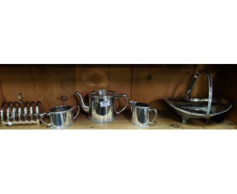 3 piece Silver Plate Teaset with celtic borders, toast rack and basket with swing handle (5)
