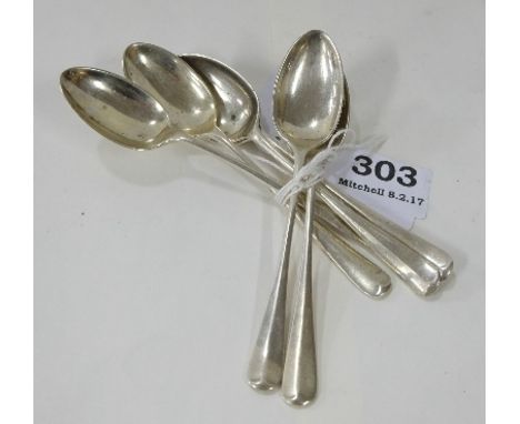 6 London Silver Teaspoons, 1910, rat tail design by J R & S