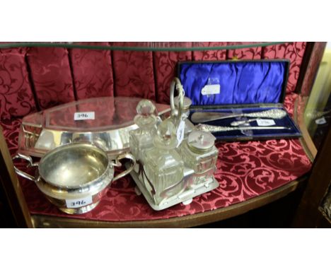 3 piece silver handled button hook set, Sl Pl Entree Dish & Sugar Bowl & condiment set in stand (4)