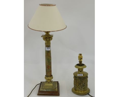 Green Alabaster Table Lamp, beige shade & Brass Table Lamp (both re-wired) (2)