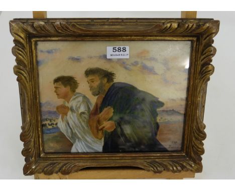 Oil on board – portrait of 2 Far-Eastern Men in capes, in a raised moulded frame, signed far right, 14”w x 12”h