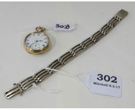 Silver Gate Bracelet & a 9ct gold plate fob watch, working (2)