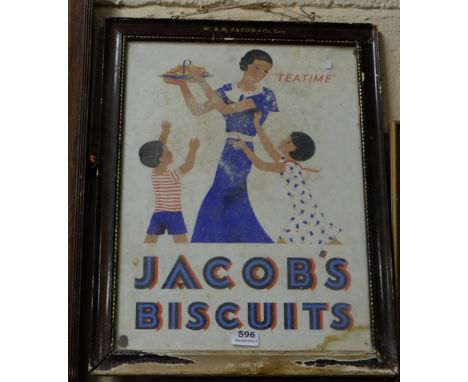 Jacob’s Biscuits Advertising Board, in Jacobs stamped frame “Tea Time” 16”w x 22”h & enamel double sided advertising sign, “D