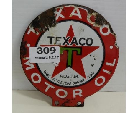 An original Texaco Motor Oil Circular Double Sided Petrol Pump Enamel Sign Plaque, 5.5” dia, 