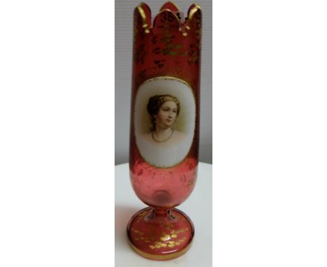 Victorian Red Glass Bohemian Vase, with gilt highlights, painted with oval cameo portrait of woman, 12”h