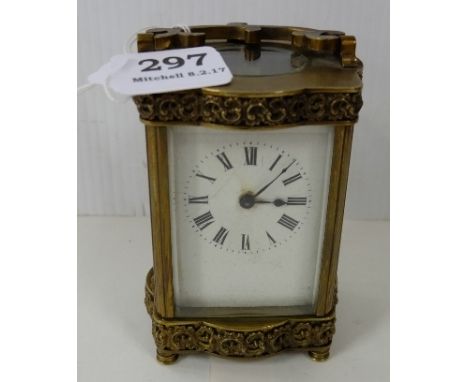 19thC Brass Framed Carriage Clock, with decorative upper and lower borders, on 4 turned feet, 5”h