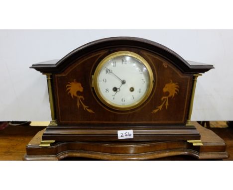 Mahogany Cased Mantle Clock, with eagle inlay, brass columns, 96”w x 10”h