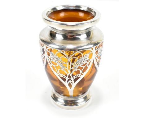FRIEDRICH DEUSCH FOR JOSEPHINEN HÜTTE; an Art Nouveau amber glass vase of tapered form with flared rim, and 1000/1000 silver 