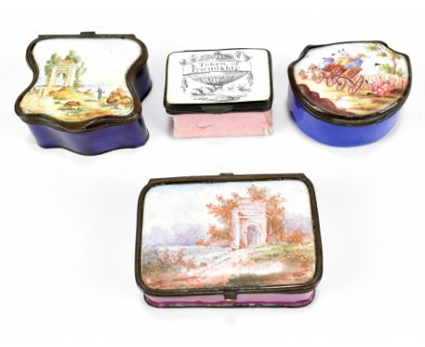 Four 19th century enamel patch/snuff boxes, to include a Bilston example entitled 'A Token of Friendship', the largest exampl