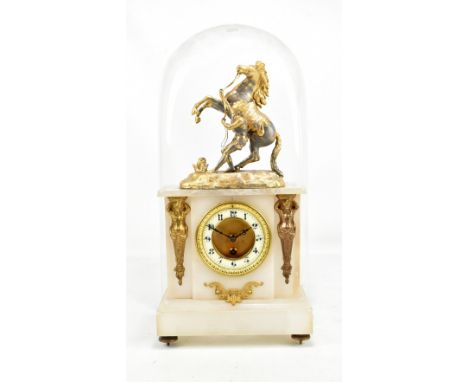 A late 19th/early 20th century French alabaster mantel clock, featuring gilt metal rearing house surmount above enamelled cha