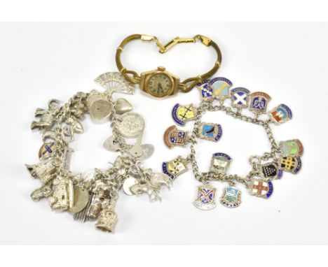 Two silver charm bracelets weighing 61g and 27g respectively, and a vintage 9ct yellow gold cased lady's wristwatch (3).