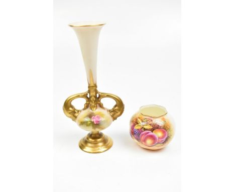 ROYAL WORCESTER; a small fruit painted vase, signed by H. Henry, height 7cm, and a rose decorated bud vase (2).