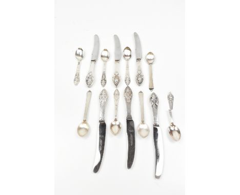 GEORG JENSEN; a set of six silver sheath handled stainless steel bladed tea knives, a set of three coffee spoons, a set of fo