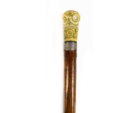 A good early 18th century marine ivory pique decorated pomander walking cane, with twist-off cap enclosing a cavity for spice