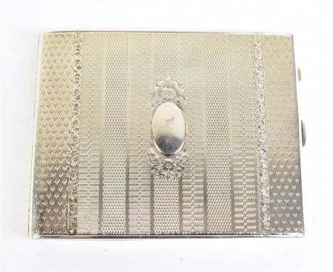 MH MEYER LTD; a George V hallmarked silver cigarette case with engine turned detail and vacant oval cartouche, Birmingham 192