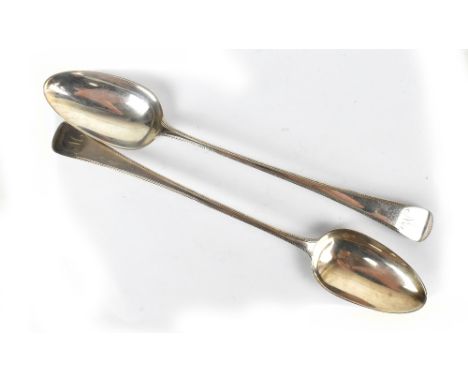 RICHARD CROSSLEY; a pair of George III hallmarked silver basting spoons, each engraved with the initial M, length 30cm, appro
