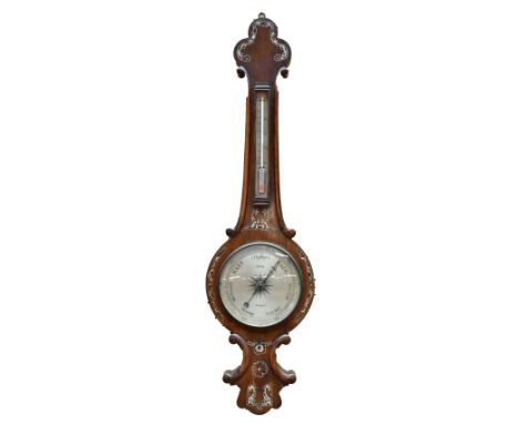 BECK OF BRADFORD; a Victorian mother of pearl inlaid rosewood banjo barometer with silvered dial.