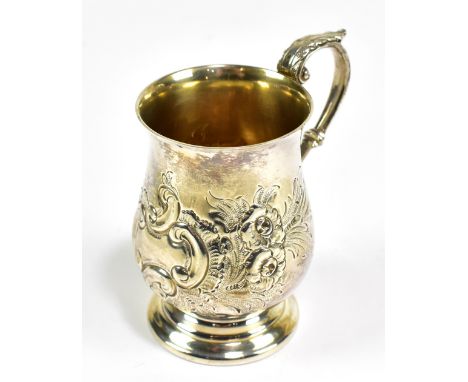 BARROWCLIFT; an Elizabeth II hallmarked silver christening cup with vacant scrolling cartouche within a foliate decorated bor