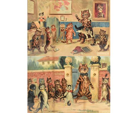 AFTER LOUIS WAIN; two large coloured prints, 'The Good Puss', and 'The Naughty Puss', both 47 x 69cm, both framed and glazed.