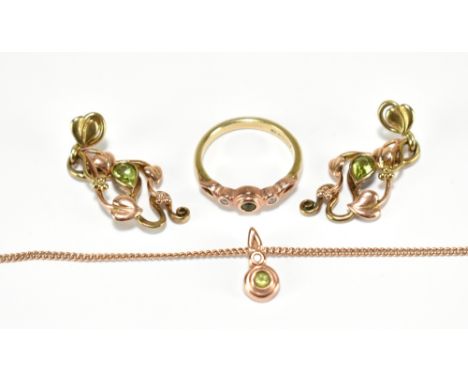 A group of 9ct Clogau Welsh gold comprising a ring, size O, necklace and a pair of earrings, combined approx 13.7g.