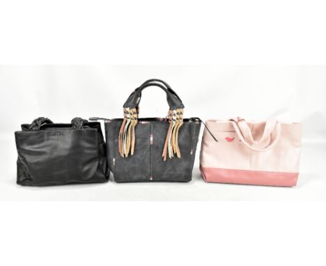 RADLEY; a Wagtails pink leather handbag with dog tag and dust bag, 32 x 20 x 10cm, a navy blue leather handbag with woven han