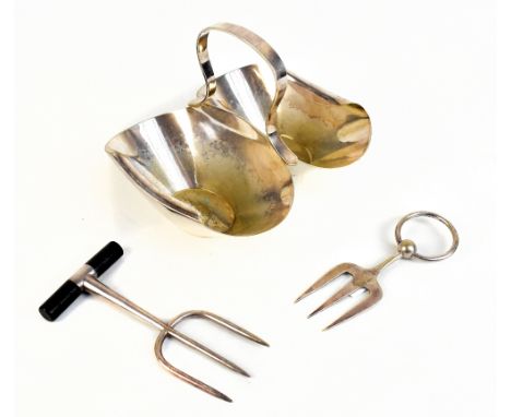 IN THE MANNER OF DR CHRISTOPHER DRESSER; a silver plated twin sectioned dish, length 19cm and two bread forks (3).Additional 