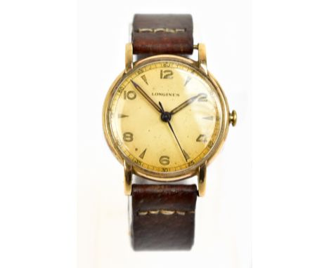 LONGINES; a gentleman's 9ct yellow gold cased mechanical wristwatch, the circular dial set with Arabic and baton numerals, ca