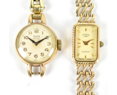TUDOR; a lady's 9ct Tudor Royal wristwatch, the circular dial set with Arabic numerals and a Rotary 9ct yellow gold lady's wr