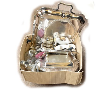 A large quantity of silver plate including tray, moulded glass jug, nutcrackers, tureens and covers, also lighters, large cor