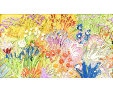 FRED YATES (1922-2008); oil on canvas, colourful floral study, unsigned, 15.5 x 27.5cm, framed. (D)Provenance: the vendor was