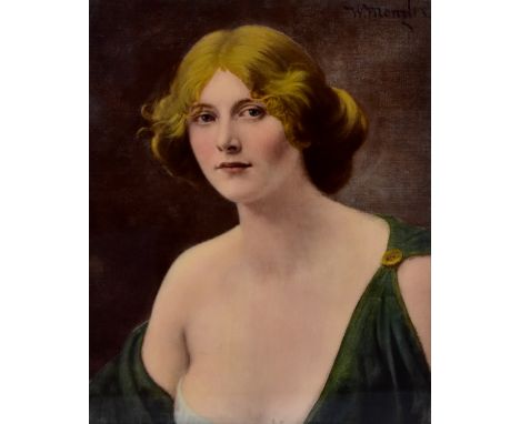 AFTER WILHELM MENZLER; a photograph heightened in oil, portrait study of a blonde haired lady in revealing dress, signed uppe